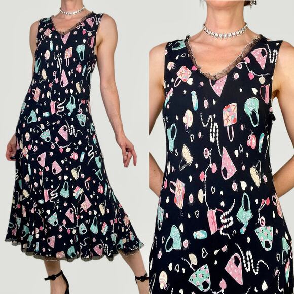 Vintage 90s Y2K handbag heart print midi slip dress ruffle trim bias cut fairy L - Picture 1 of 14